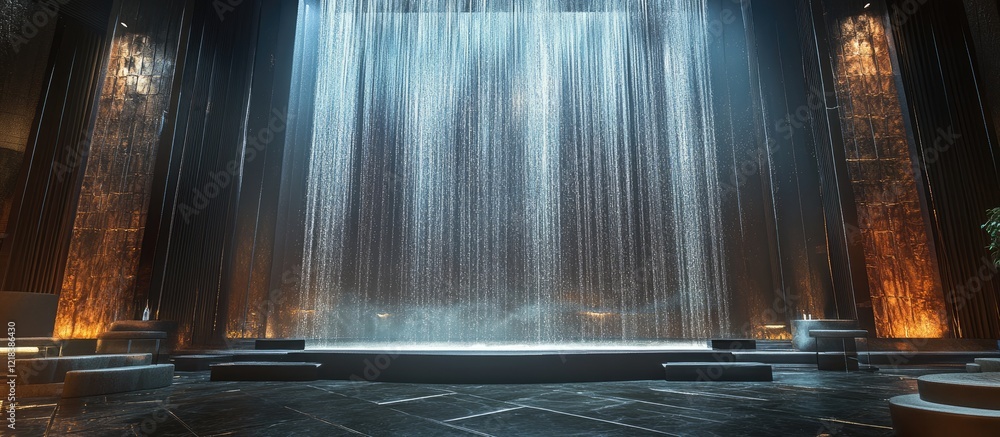 Poster elegant dark stage backdrop with bright led lighting cascading waterfalls and illuminated warm tones