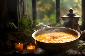 Creamy pumpkin soup in a steaming bowl, rustic window background