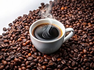 Fototapeta premium Rich black coffee beans and espresso showcased in a captivating photograph, the aroma palpable against the white backdrop.