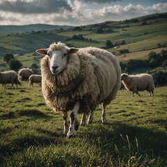 Obraz premium A sheep with a woolly coat walking along a dirt road.