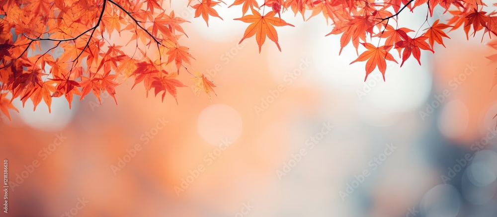 Aufkleber blurry autumn background featuring vibrant red and orange maple leaves with soft bokeh effect in sha
