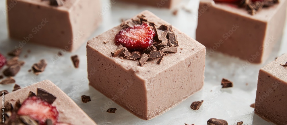 Poster delicious square frozen dessert with dried strawberry slices and cocoa nibs on a light background sh