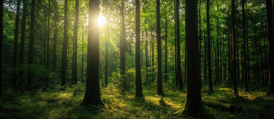 Fototapeta premium Sunlight filtering through dense green trees in a lush forest ecosystem illuminating vibrant foliage and creating a peaceful natural ambiance