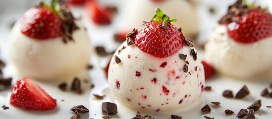 Creamy vanilla frozen dessert scoops topped with vivid red strawberries and rich cocoa nibs arranged artistically on a white plate.