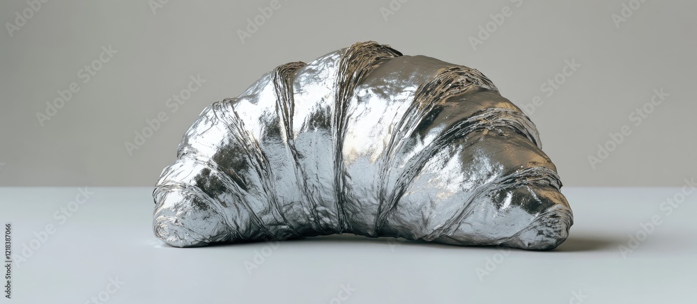 Poster silver croissant on a light gray background displaying intricate texture and shine of the pastry wit