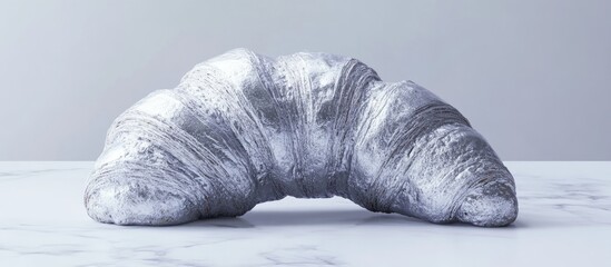 Silver croissant positioned centrally on a clean marble surface, showcasing intricate textures and subtle color variations against a soft gray background.