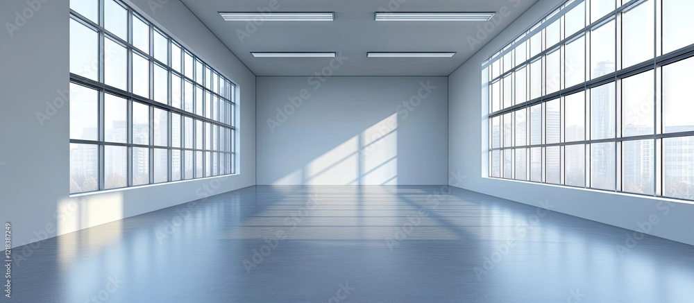 Poster spacious empty room with large windows allowing natural light, minimalist design emphasizing tranqui
