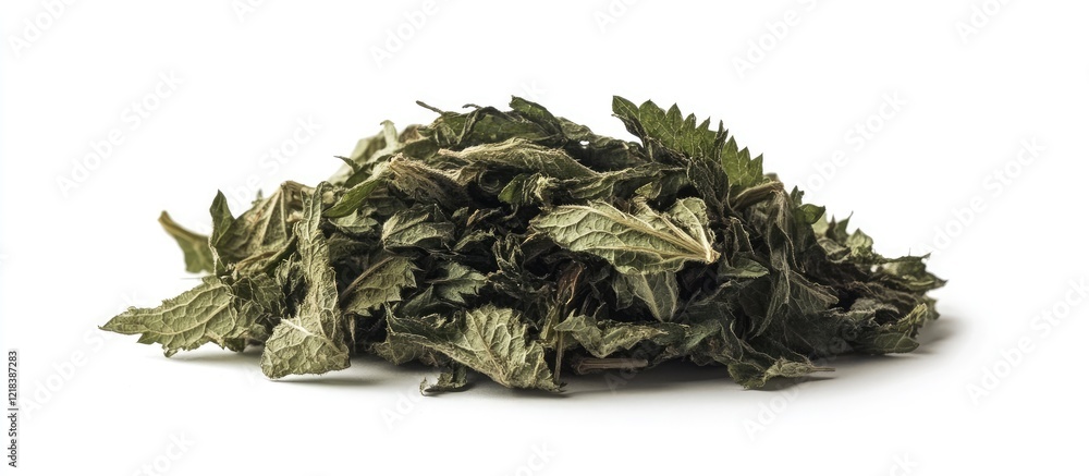 Poster dried green nettle leaves arranged on a white background emphasizing their unique textures and natur