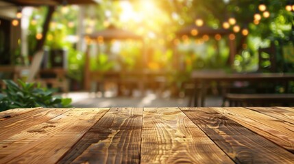 Wooden table with blurred cafe background, AI generated image