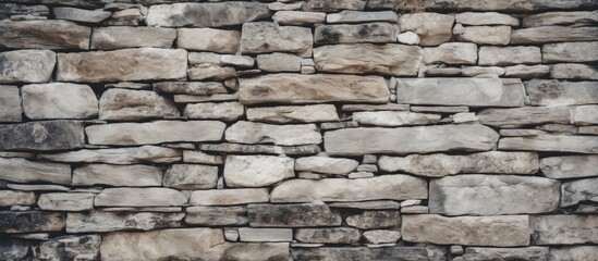 Stone wall made of variously shaped gray stones tightly arranged, showcasing a textured surface with shades of gray and hints of brown.