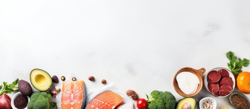 Healthy keto diet ingredients arranged on a white concrete background featuring salmon, vegetables, avocados, nuts, and berries in vibrant colors.