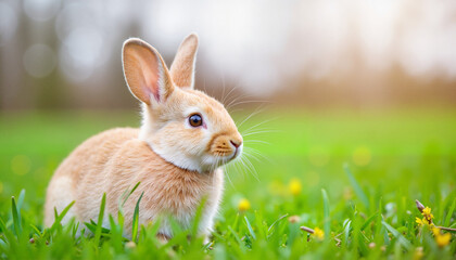 Curious rabbit exploring green grass in spring, nature's renewal