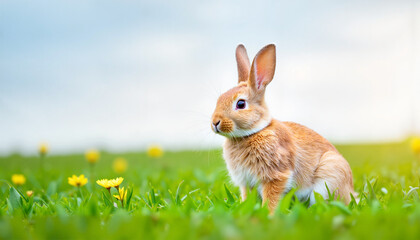 Rabbit enjoying flowers in green grass, Spring Equinox symbolism