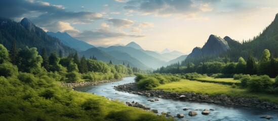 Serene landscape featuring green mountains in the background, lush forest on the left, and a calm river flowing in the foreground under a clear sky.