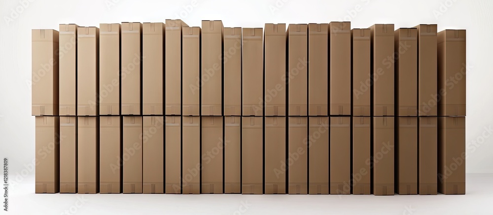 Poster neatly stacked large cardboard boxes in light brown color with ample white copy space, ideal for shi