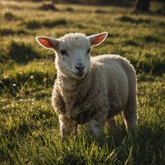 Fototapeta premium A sheep with a woolly coat walking along a dirt road.