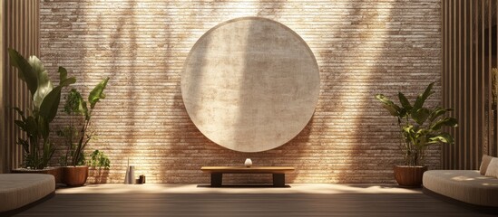 Round grey banner sign on textured warm brick wall in a serene interior space with potted green plants and warm wooden flooring creating contrast.