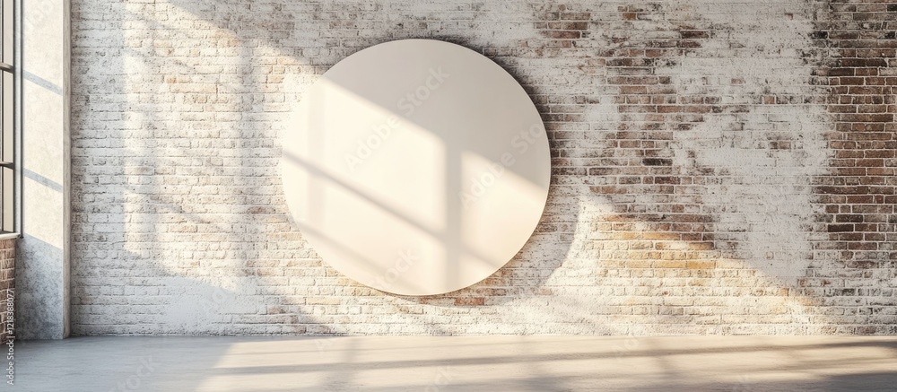 Poster round banner sign in a light cream color positioned on a textured brick wall, creating a striking co