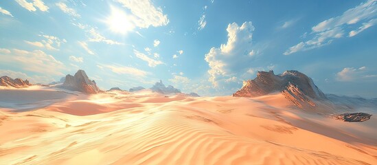 Fototapeta premium Vibrant sunlit sand dunes with clear blue sky and fluffy white clouds inviting exploration of the beautiful natural landscape and warm sandy textures