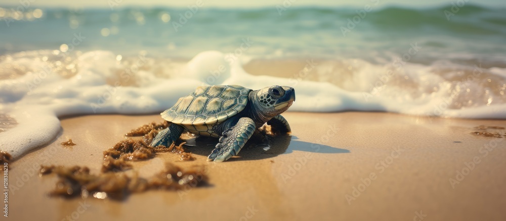 Poster turtle on sandy beach with ocean waves in background, muted colors, focuses on turtle in foreground,