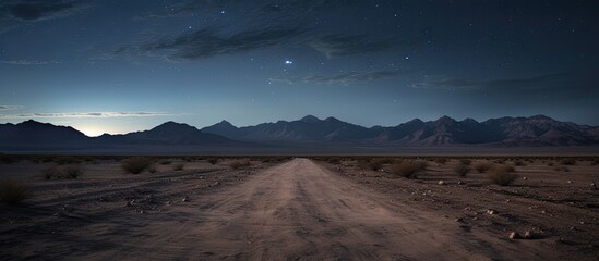 Desert night landscape featuring a gravel road leading to distant mountains under a starry blue sky with a gradient horizon at dusk.