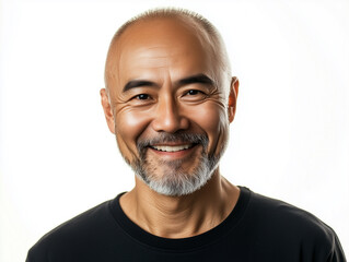 Fototapeta premium Elderly Man With a Joyful Expression and Silver Beard Smiling Against a Plain White Background in a Candid Moment