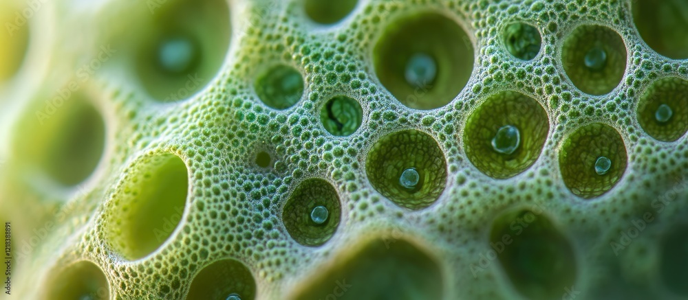 Poster macro shot of vibrant green bubbles with droplets showcasing intricate textures and patterns against