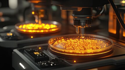 Transparent petri dishes with luminous cells under advanced robotic arms.