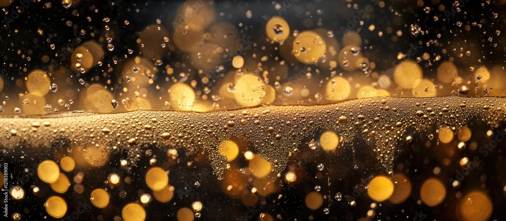 Poster golden bubbles rising in dark amber liquid with soft glowing reflections creating an elegant and atm