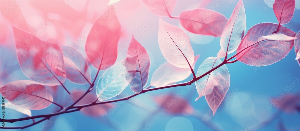 Poster macro close-up of transparent skeleton leaves in soft pink and blue hues with a dreamy bokeh effect 