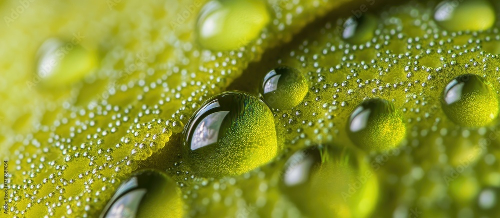 Poster macro shot of green bubbles with clear droplets reflecting light showcasing intricate textures and s