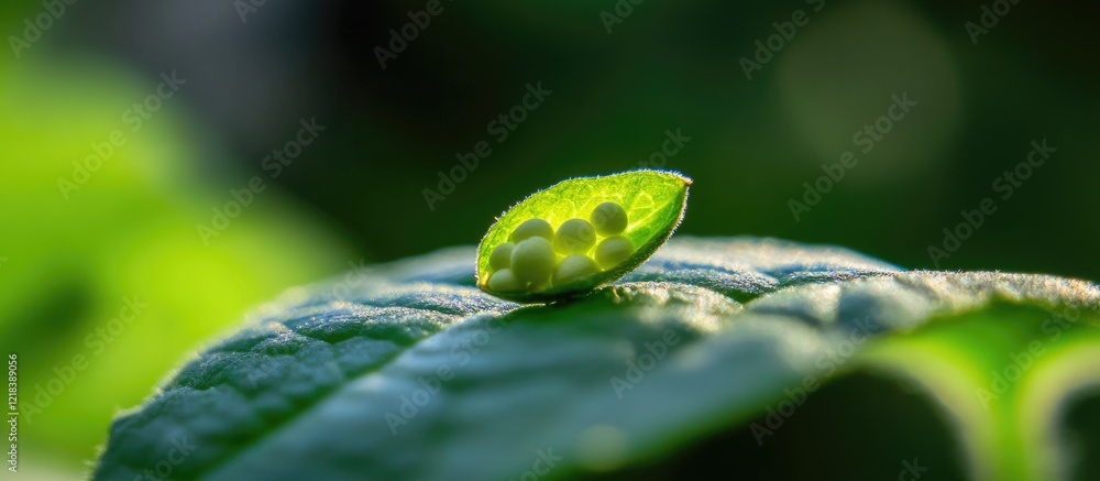 Poster macro shot of a sprouted seed resting on a green leaf with soft bokeh background emphasizing nature'