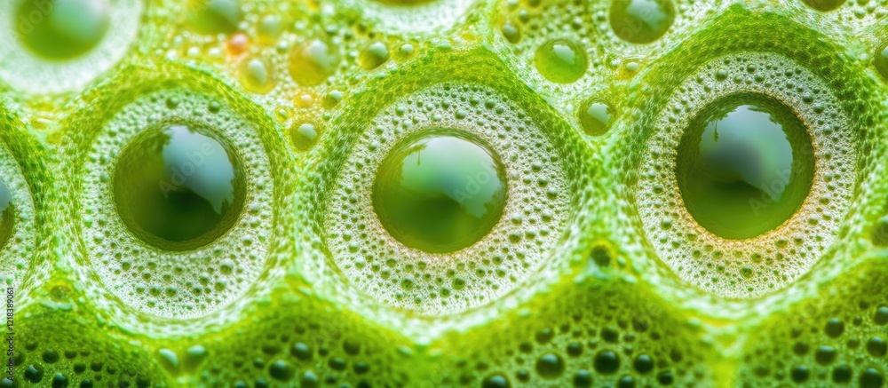Poster macro shot of green bubbles arranged in a line with droplets showcasing intricate textures and a viv