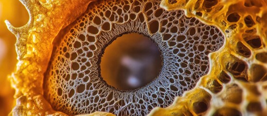 Detailed macro shot of a cross-section of a bright orange organic structure showcasing intricate textures and circular patterns against a blurred background.