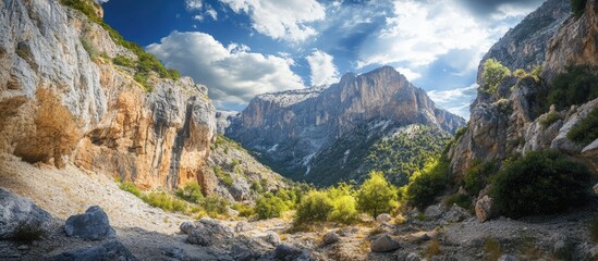 Breathtaking panoramic view of a lush valley framed by towering mountains under a bright blue sky with scattered clouds and golden sunlit rocks.
