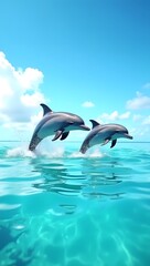 Fototapeta premium Friendship concept: two dolphins jumping side by side in ocean