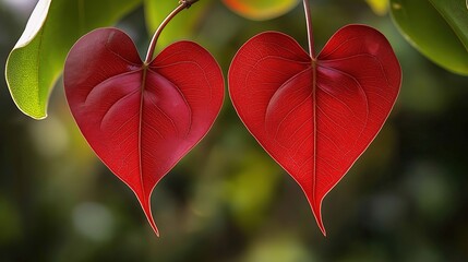 Close-up of two red heart-shaped leaves on a tree