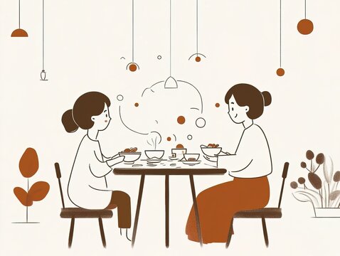 Two women sharing a meal at a minimalist dining table
