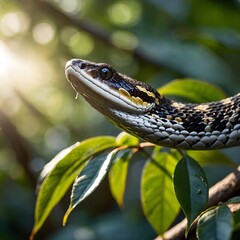 Obraz premium Ornate Snake Lounging on a Branch, Sunlight Streaming Through the Leaves