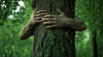 Person embracing a tree in a forest, concept of saving trees