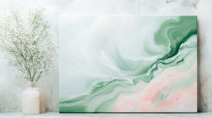 Fluid acrylic painting with soft greens and blues on canvas