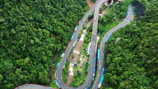 Aerial View of Traffic Activity at Kelok Sembilan, West Sumatra, Indonesia
