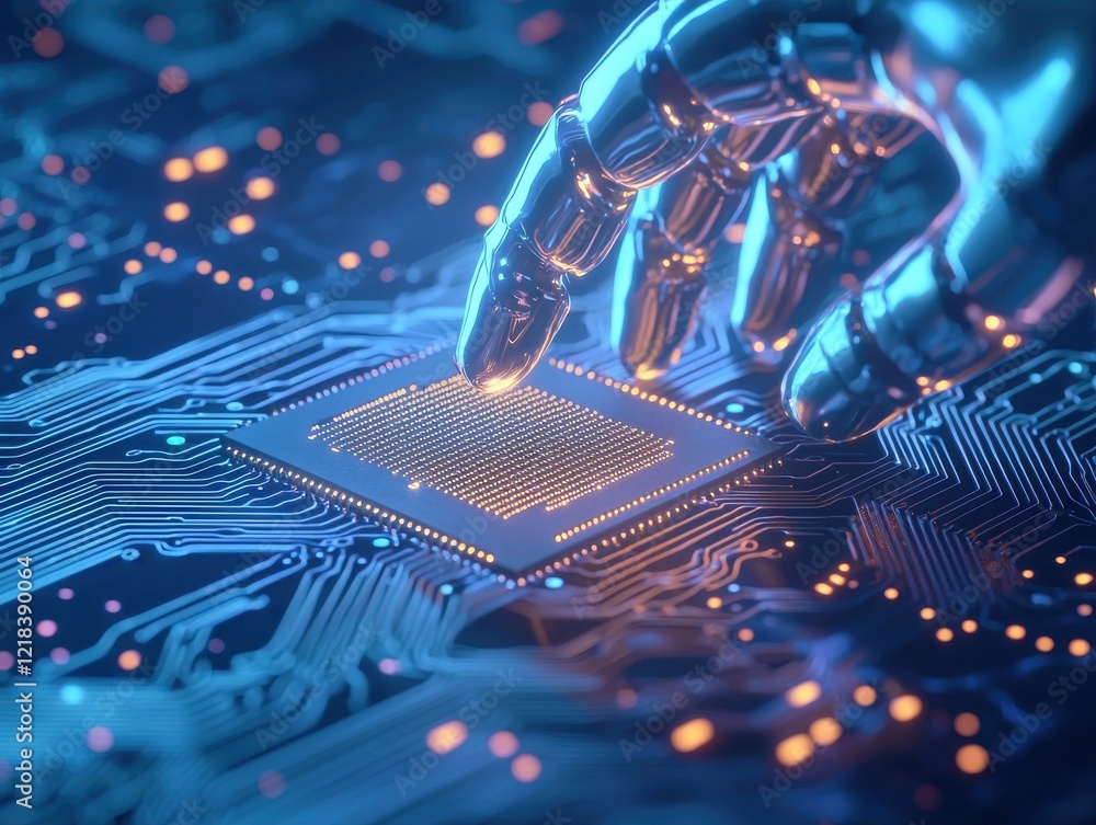 Poster innovative microchip technology in prosthetic design -tech environment close-up view advanced roboti