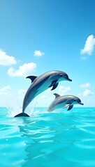 Fototapeta premium Cute dolphins in turquoise tropical sea under sunny sky