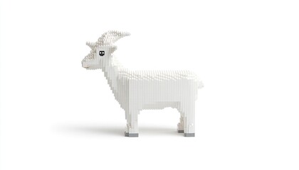 A whimsical white goat sculpture made from building blocks, set against a plain background, showcasing creativity
