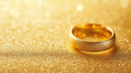 Golden wedding ring glimmers on sparkling surface, symbolizing love and commitment in a vibrant setting