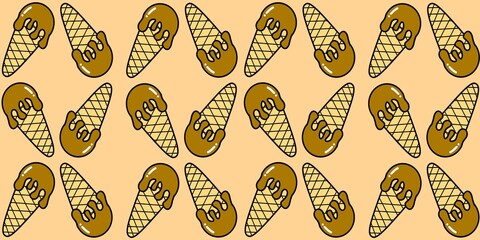 Creamy ice cream cone seamless pattern. Chocolate ice cream cartoon style. Children tshirt pattern design