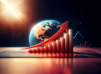 A vibrant red arrow ascends, symbolizing global growth and prosperity in the new year, 2025.  The rising bars represent economic expansion against a backdrop of the Earth, reflecting the positive impa