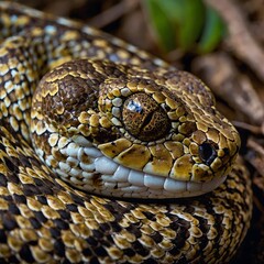 Obraz premium Pit Viper's Head in Focus: Highlighting Its Triangular Shape and Heat-Sensing Pits
