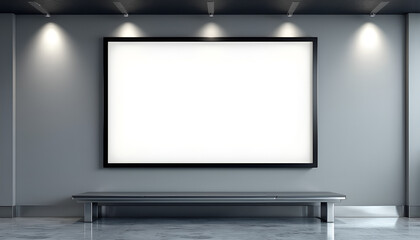 Minimalist gallery space with empty frame and bench under soft lighting
